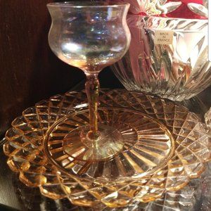 Mid century light Amber long stemmed Crystal Vtg & waffle saucer